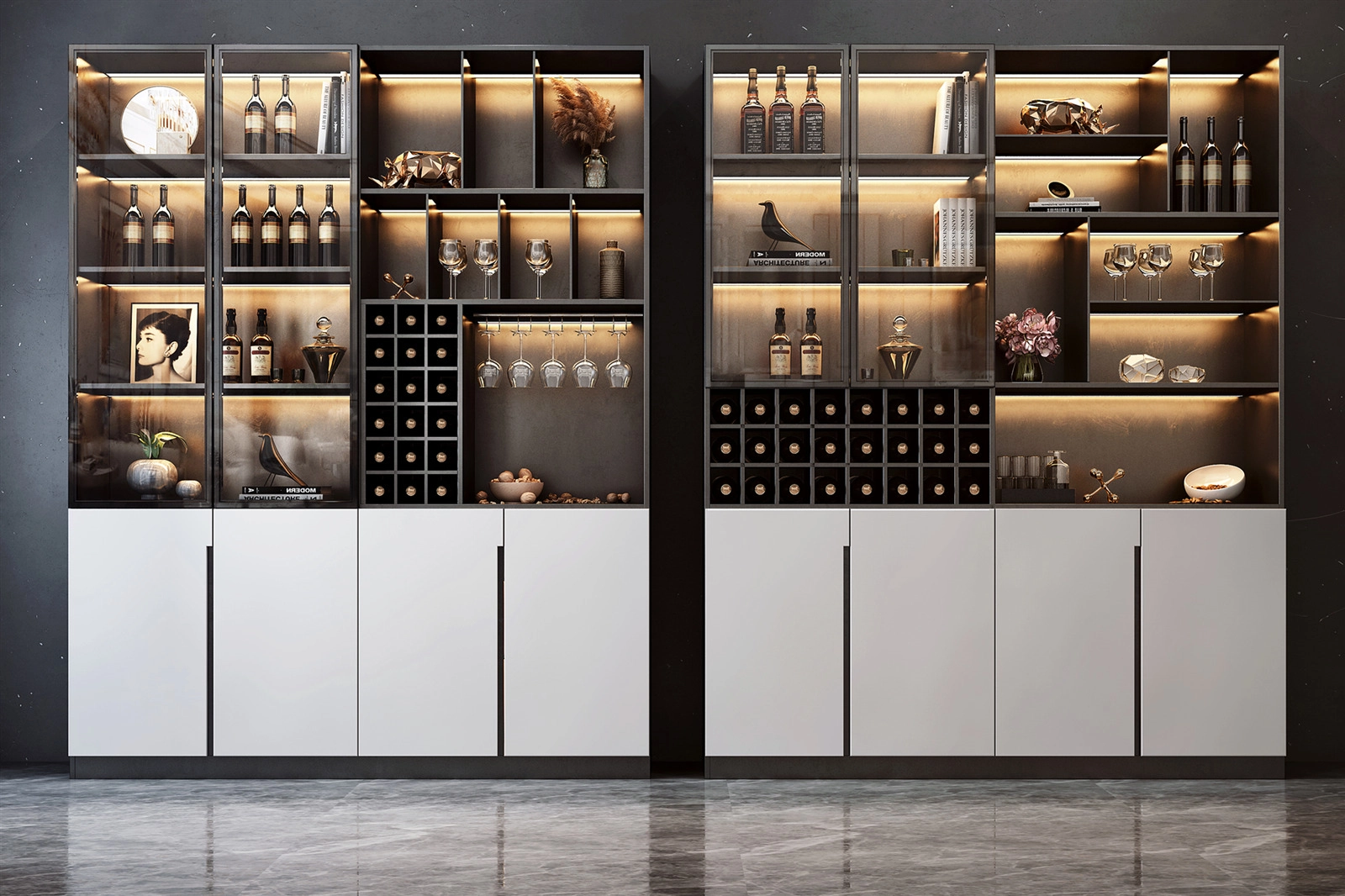 Modern wine cabinet with glass doors and built-in lighting.