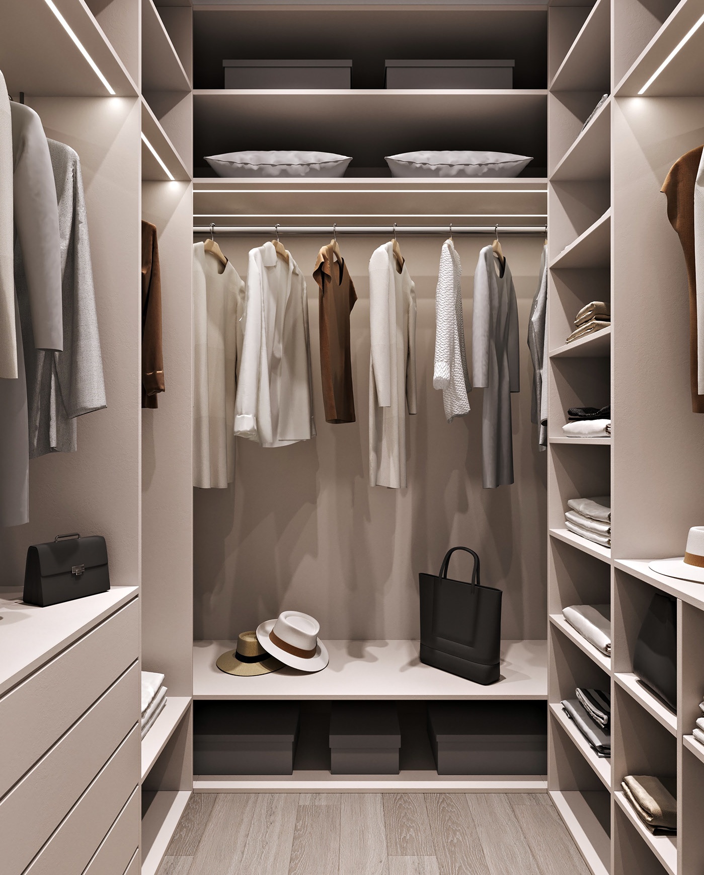 Well-organized walk-in closet with neutral color palette, clothing, hats, and accessories.