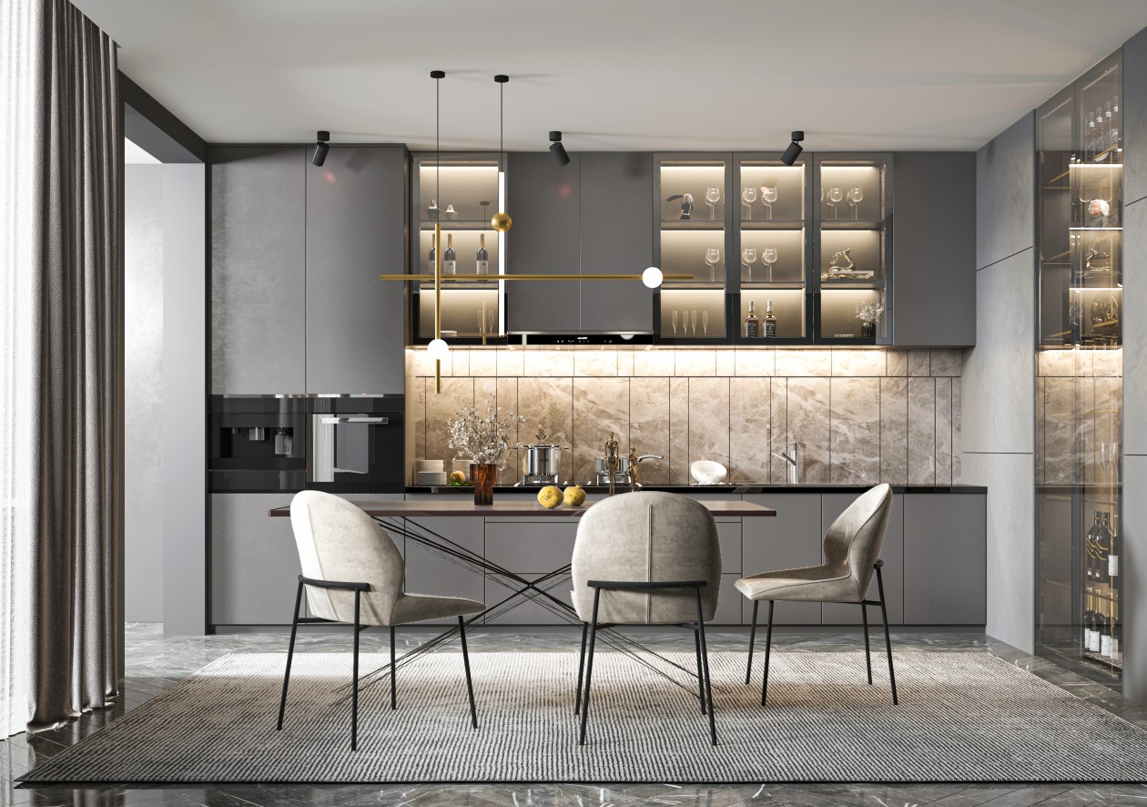 Modern gray kitchen with dining table, display cabinets, and marble backsplash.