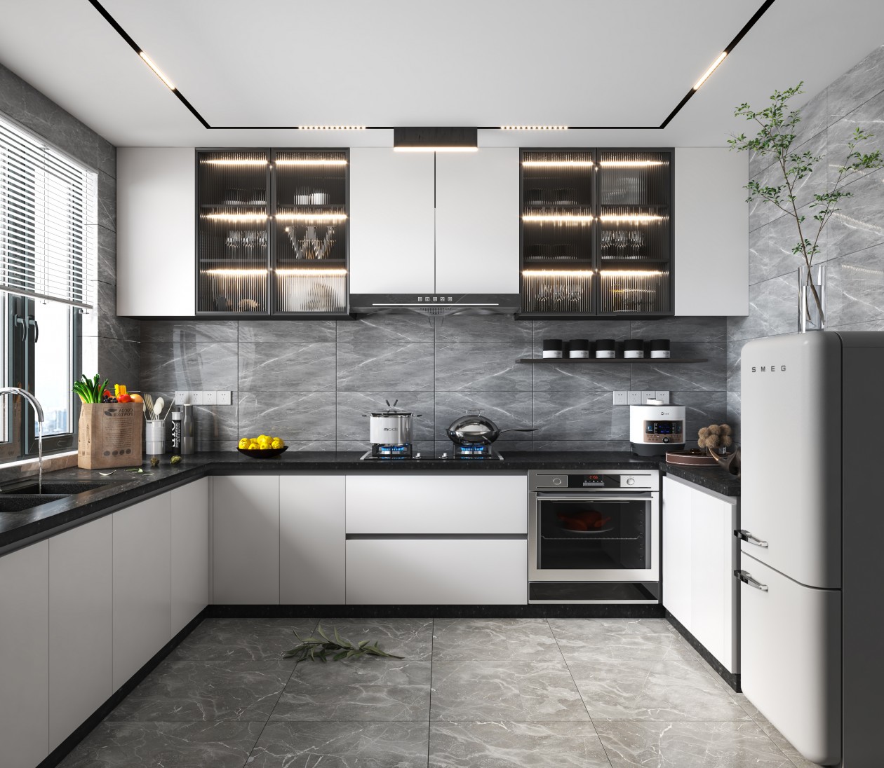 Modern kitchen with white cabinetry, gray marble backsplash, and a vintage-style refrigerator.