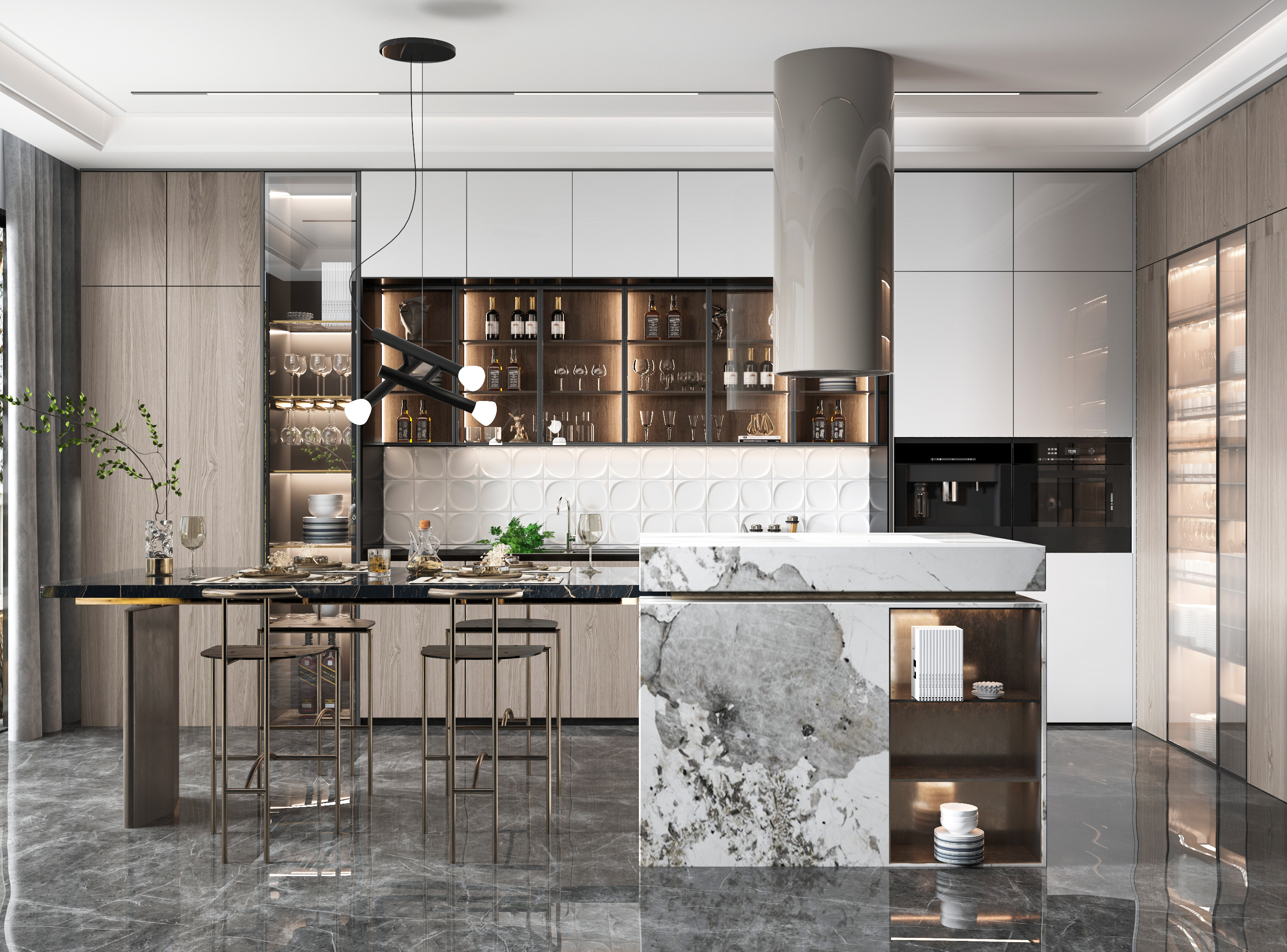 Modern kitchen with marble island, bar seating, and illuminated display cabinets.