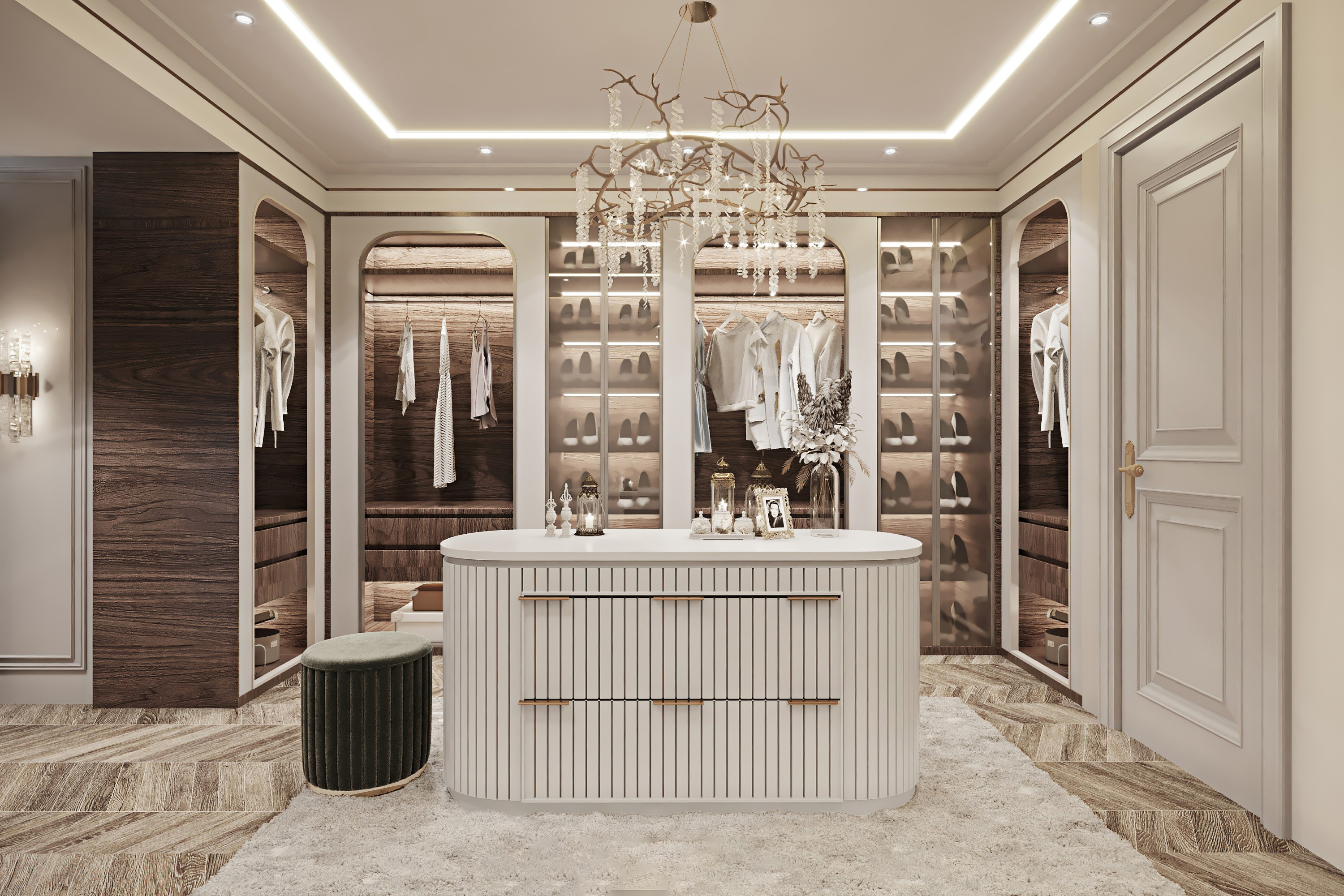 Elegant walk-in closet with custom wood shelving, a central island, and a unique crystal chandelier.
