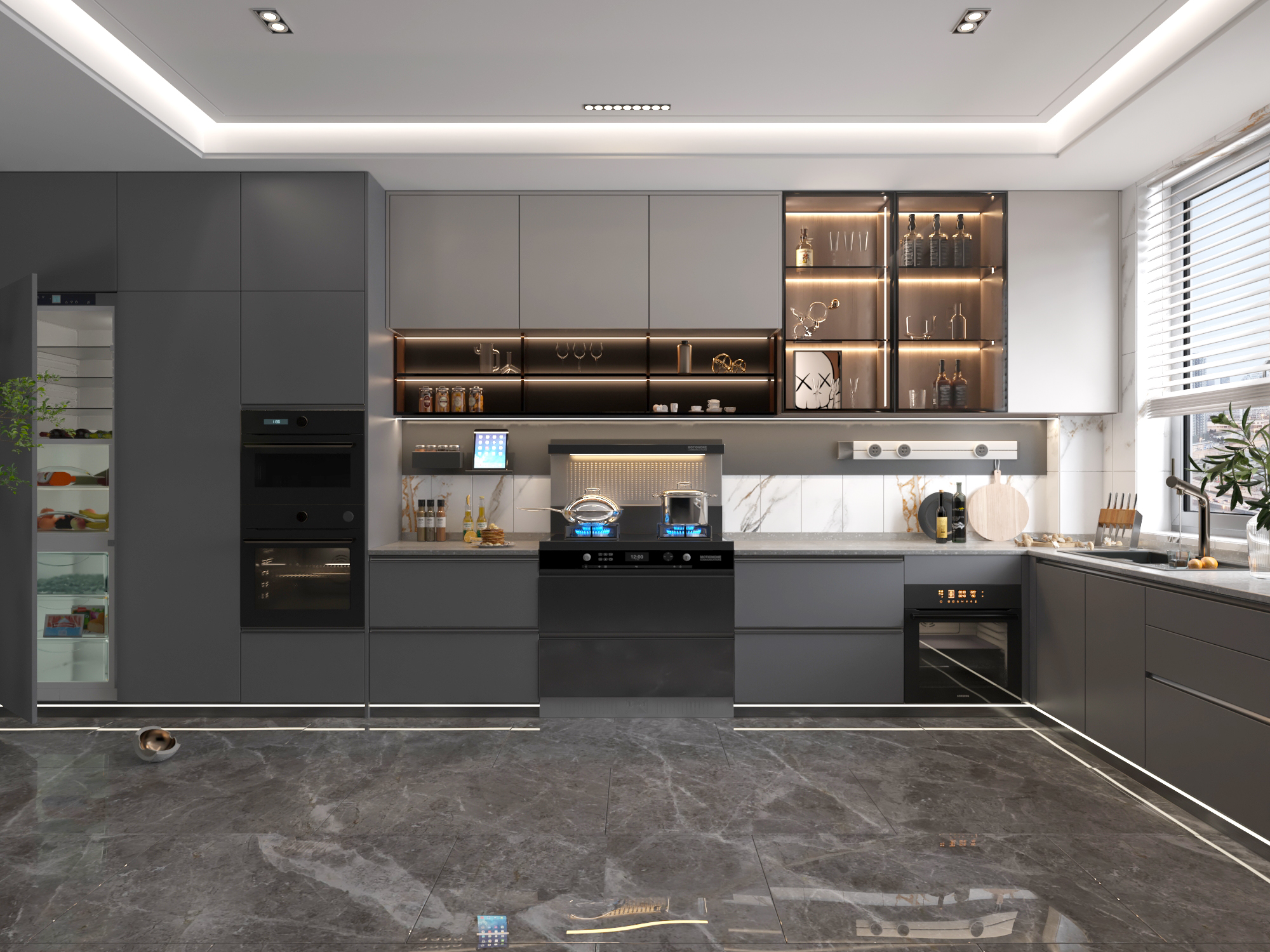 Modern kitchen design with grey cabinets, marble floor, and glass display shelves.
